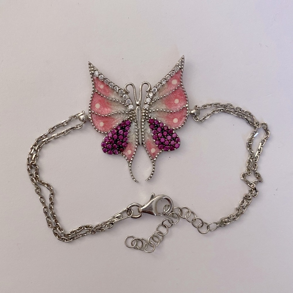 Bracelet handmade 925 silver pink butterfly enamel cubic zirconia cz stones